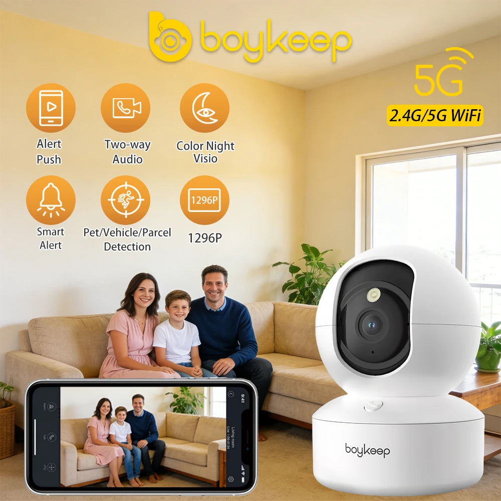 Cámara de seguridad inteligente BoyKeep 2K con WiFi dual, visión 360°, visión nocturna y audio bidireccional.