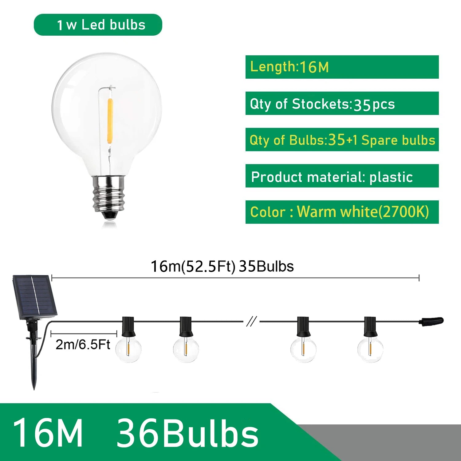 Guirnalda de Luces LED Solares Tipo Festón G40 para Exterior – Iluminación Decorativa para Jardín, Patio, Terraza y Eventos (Navidad, Fiestas y Más)