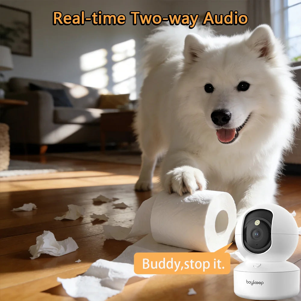Cámara de seguridad inteligente BoyKeep 2K con WiFi dual, visión 360°, visión nocturna y audio bidireccional.