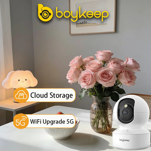 Cámara de seguridad inteligente BoyKeep 2K con WiFi dual, visión 360°, visión nocturna y audio bidireccional.