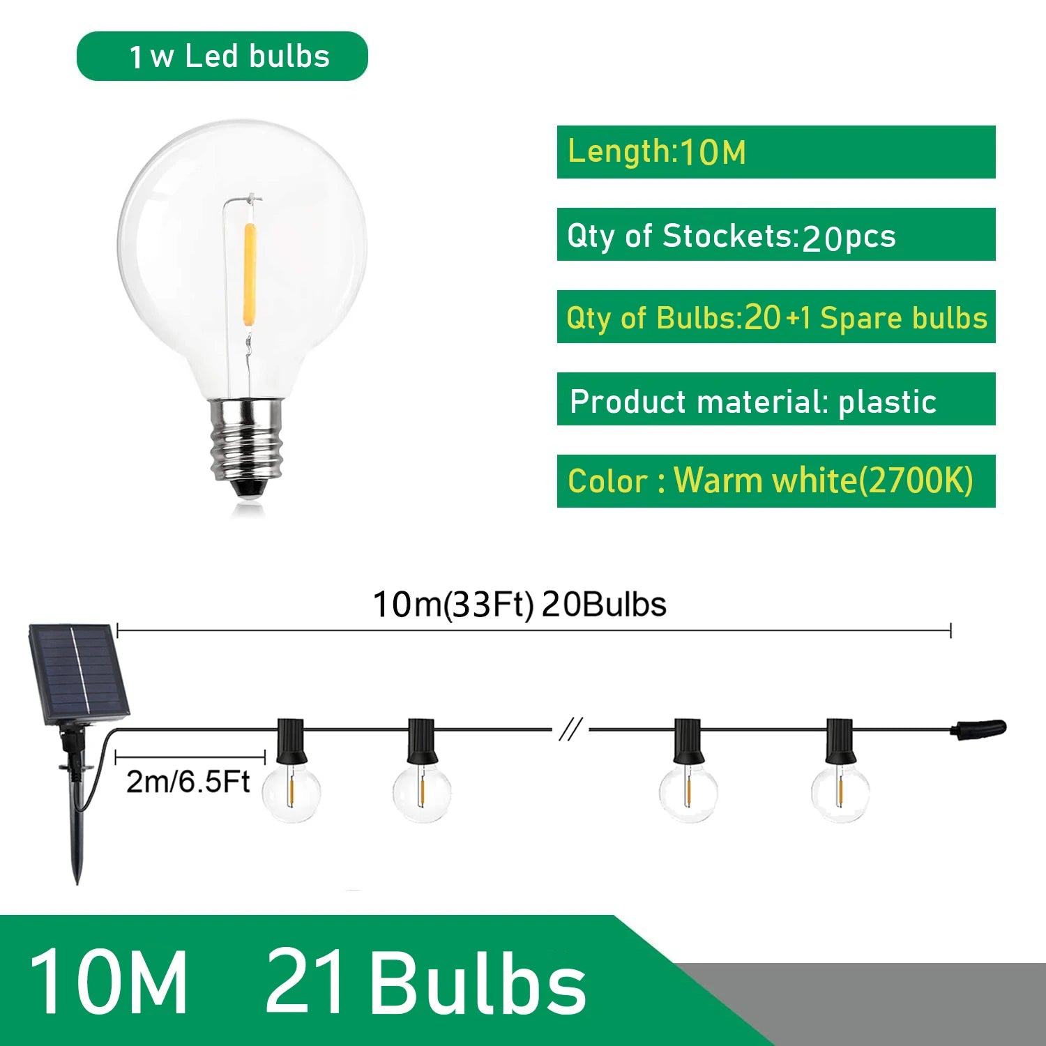 Guirnalda de Luces LED Solares Tipo Festón G40 para Exterior – Iluminación Decorativa para Jardín, Patio, Terraza y Eventos (Navidad, Fiestas y Más)