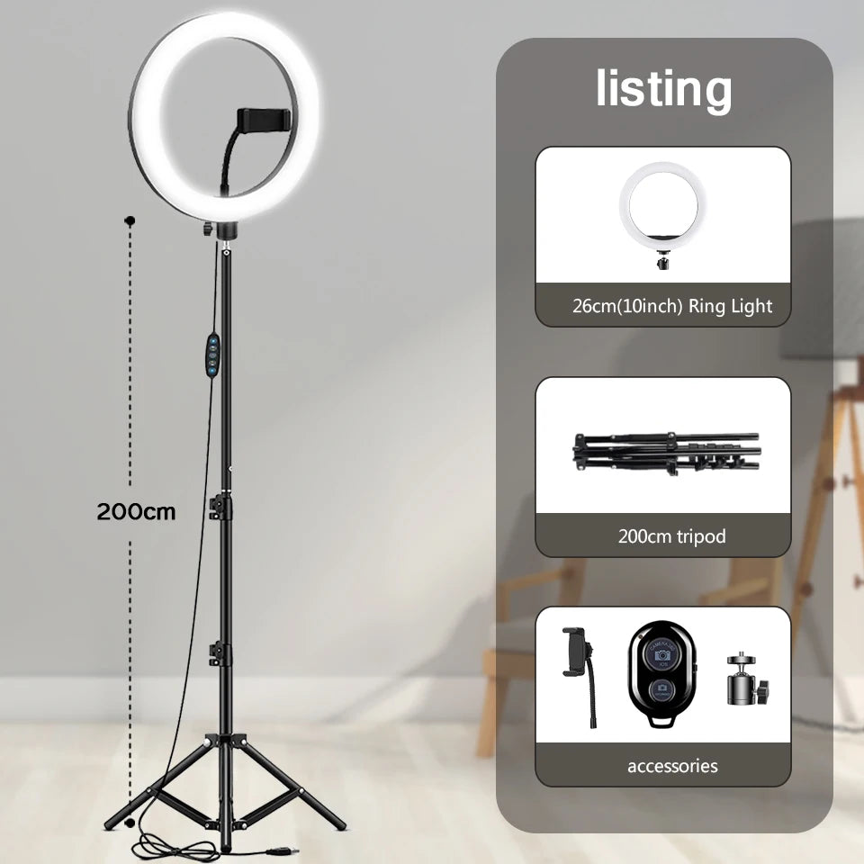 Aro de luz LED de 10” (26 cm) con iluminación profesional 3 modos de luz: blanca, cálida y suave