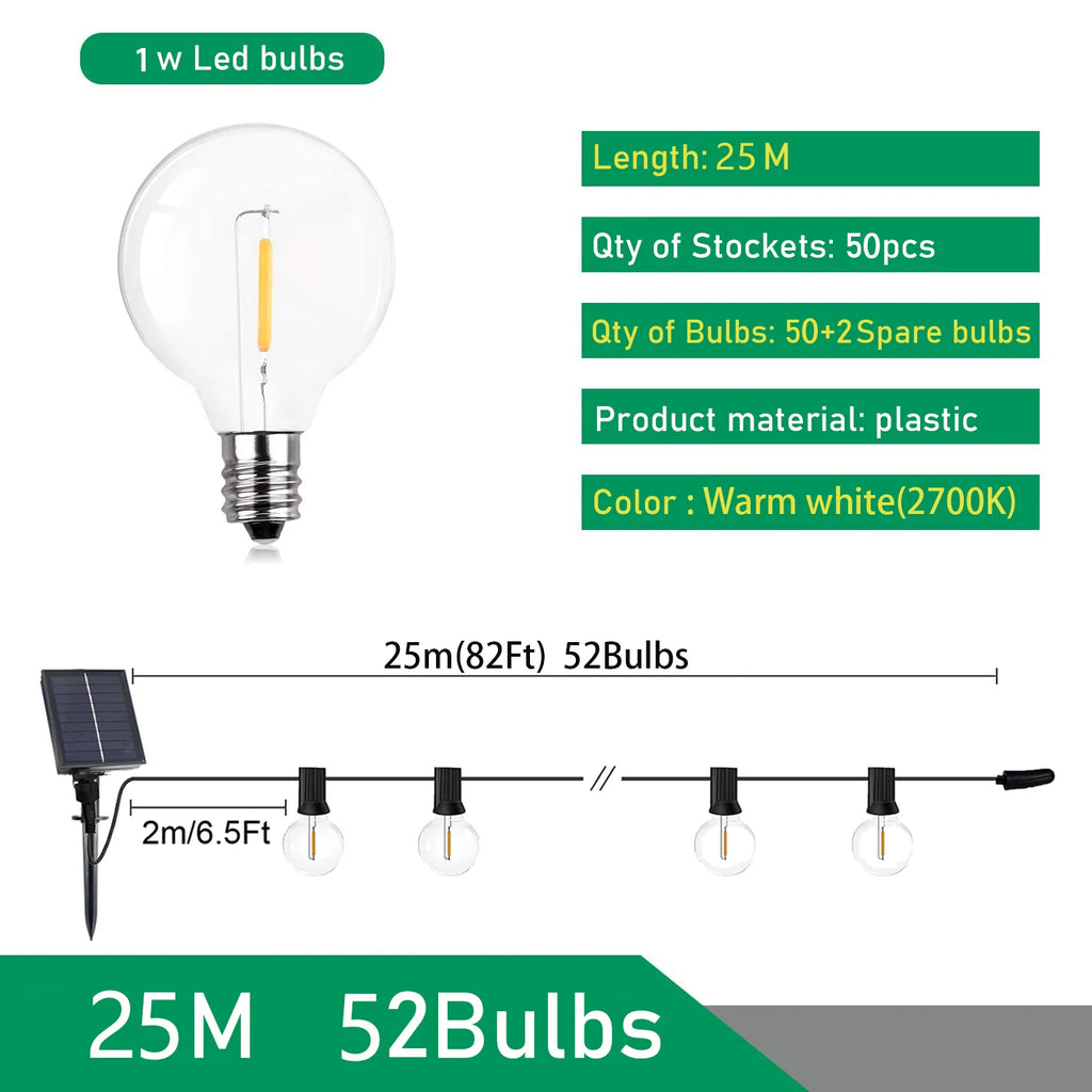 Guirnalda de Luces LED Solares Tipo Festón G40 para Exterior – Iluminación Decorativa para Jardín, Patio, Terraza y Eventos (Navidad, Fiestas y Más)