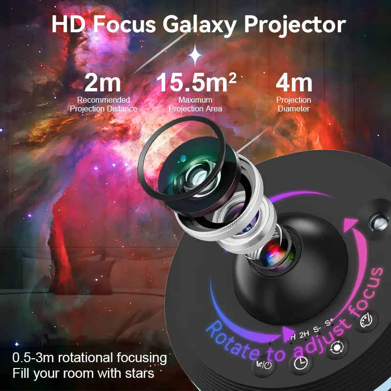 Proyección espacial 13 en 1 con diferentes galaxias, nebulosas y efectos astrales. Imagen ultra clara en alta definición con colores intensos y realistas.
