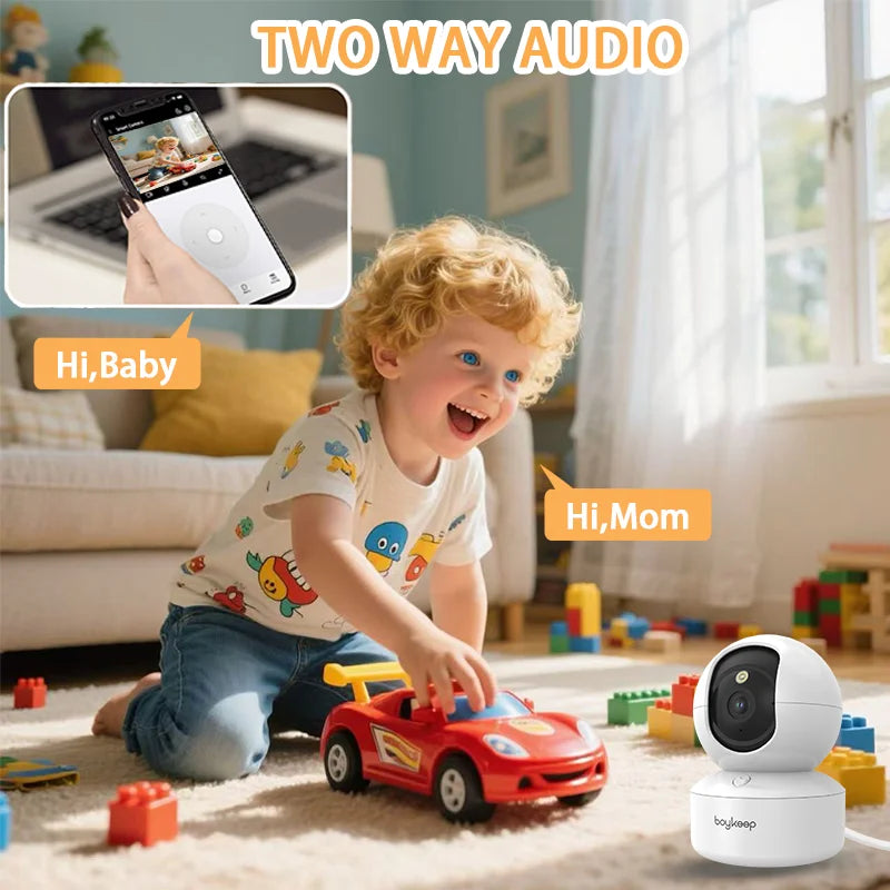 Cámara de seguridad inteligente BoyKeep 2K con WiFi dual, visión 360°, visión nocturna y audio bidireccional.