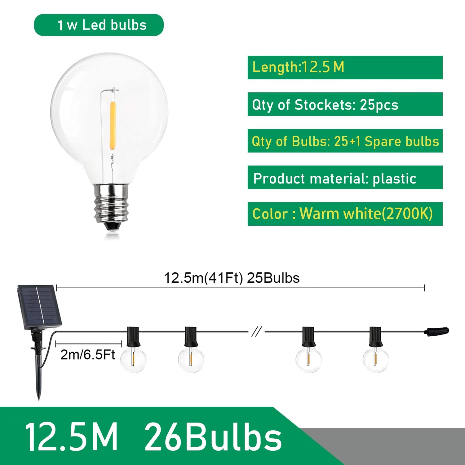 Guirnalda de Luces LED Solares Tipo Festón G40 para Exterior – Iluminación Decorativa para Jardín, Patio, Terraza y Eventos (Navidad, Fiestas y Más)