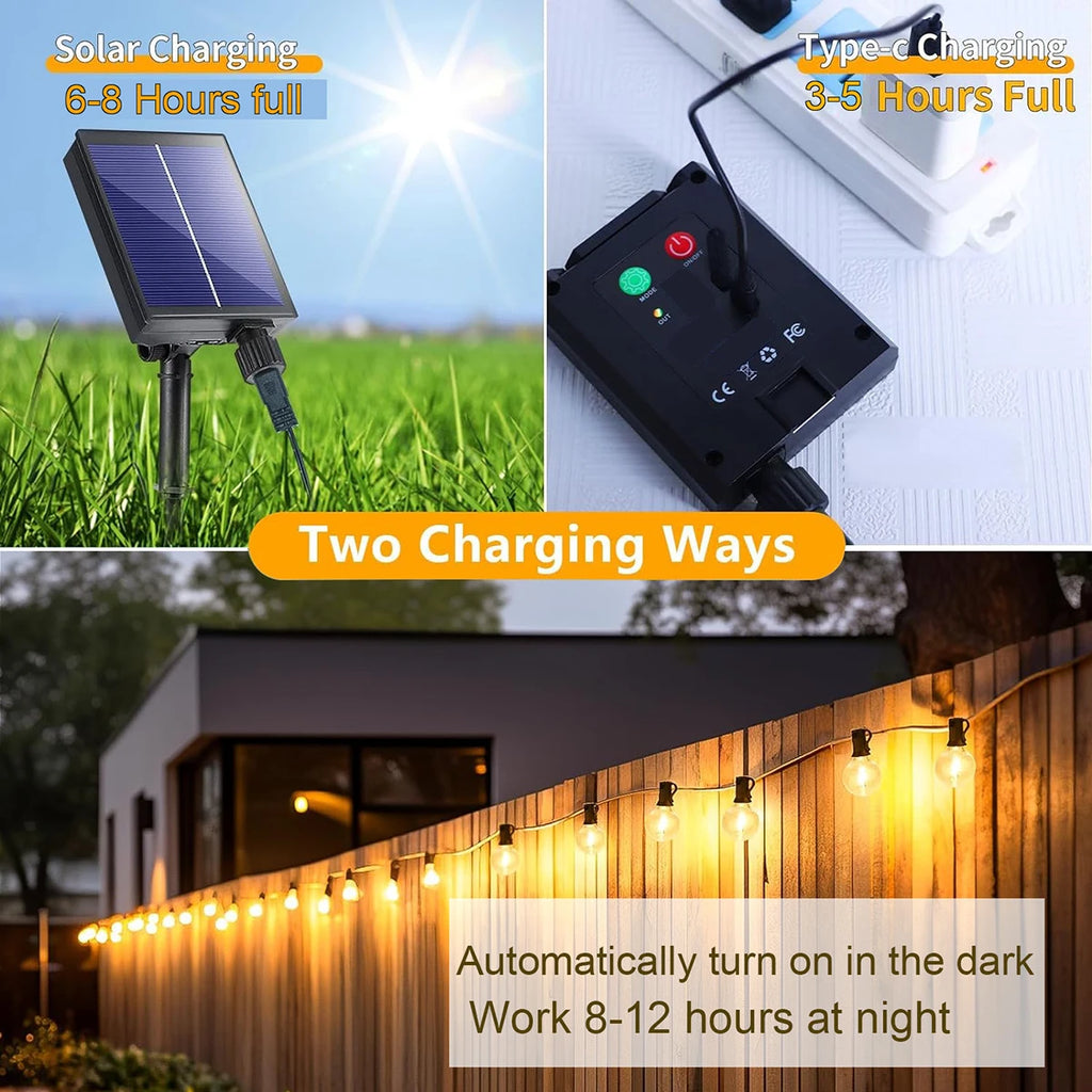 Guirnalda de Luces LED Solares Tipo Festón G40 para Exterior – Iluminación Decorativa para Jardín, Patio, Terraza y Eventos (Navidad, Fiestas y Más)