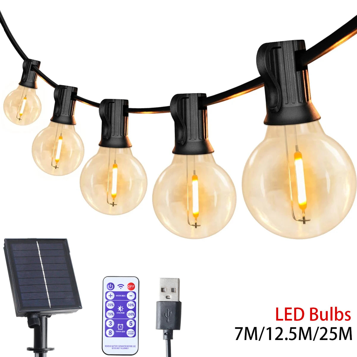 Guirnalda de Luces LED Solares Tipo Festón G40 para Exterior – Iluminación Decorativa para Jardín, Patio, Terraza y Eventos (Navidad, Fiestas y Más)