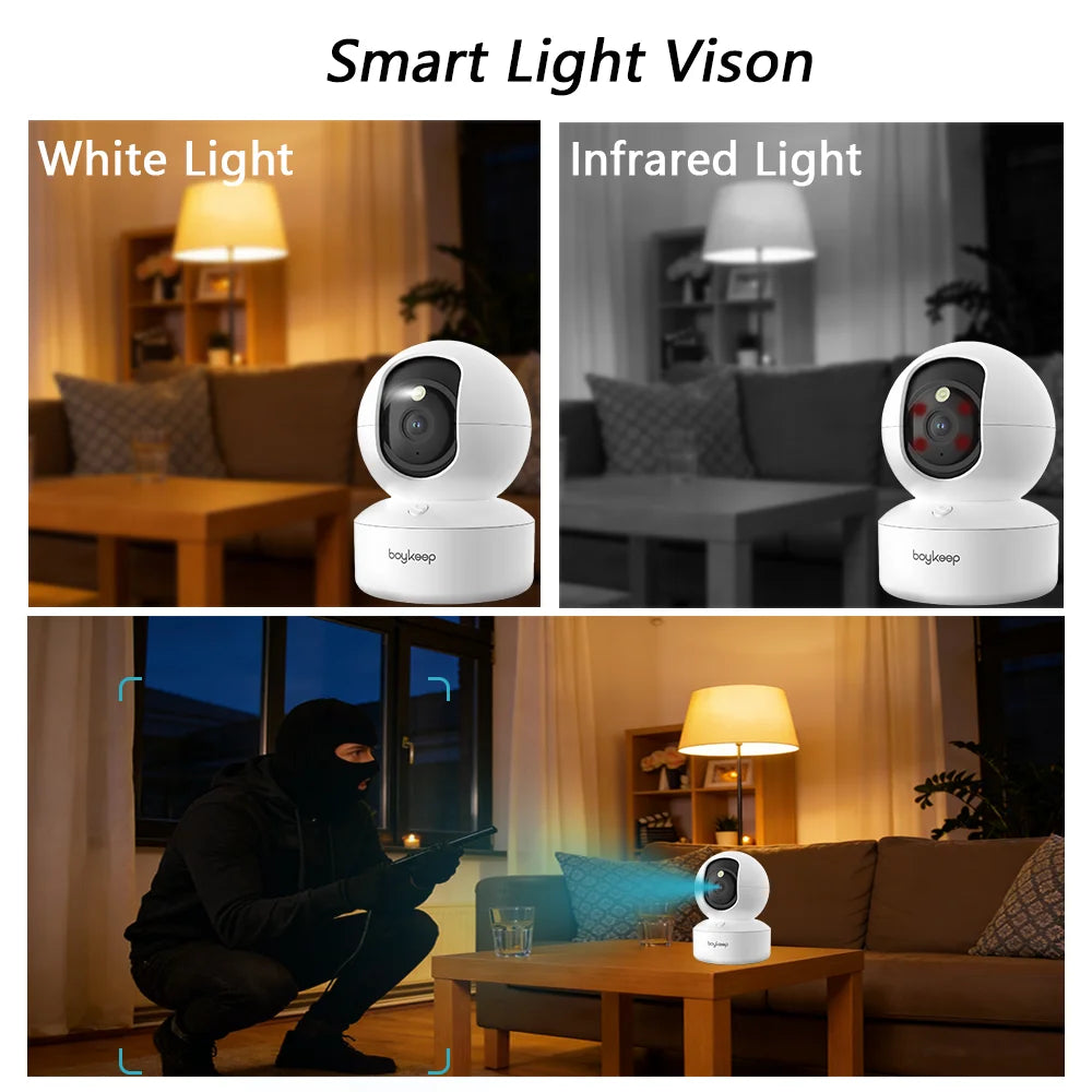 Cámara de seguridad inteligente BoyKeep 2K con WiFi dual, visión 360°, visión nocturna y audio bidireccional.