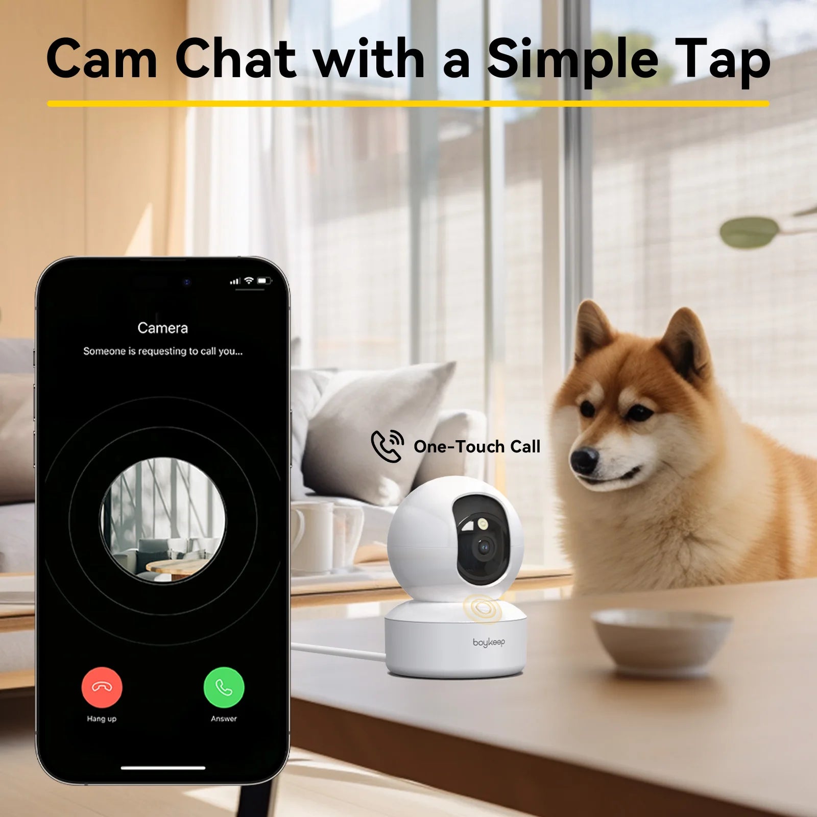 Cámara de seguridad inteligente BoyKeep 2K con WiFi dual, visión 360°, visión nocturna y audio bidireccional.